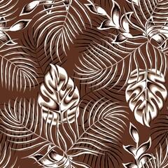 Origineel tropisch naadloos patroon met heldere exotische planten en bladeren op pastelachtergrond. monochromatische stijlvolle planten bladeren. Naadloze exotische patroon met tropische planten. print textuur