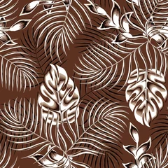 Papier peint Brun Modèle sans couture tropical original avec des plantes et des feuilles exotiques lumineuses sur fond pastel. feuilles de plantes élégantes monochromatiques. Motif exotique sans couture avec des plantes tropicales. imprime la texture