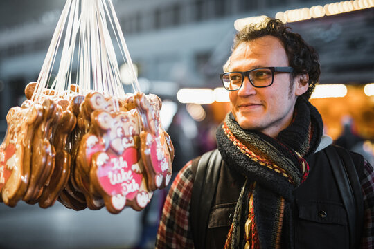 Cheerful man at Christmas Market Potsdamer Platz Berlin