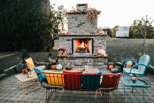 outdoor fireplace and patio