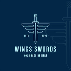 wings and sword logo line art simple minimalist vector illustration template icon graphic design. swords sign or symbol for company with blue color backgrounds