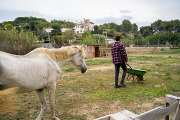 Farmer with wheelbarrow in stable
