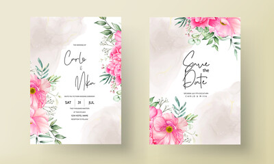 Hand drawn wedding invitation card watercolor flowers and leaves
