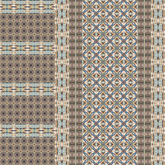 Multicolored striped borders seamless texture with patterns of various mosaic shapes. Design for wallpapers, carpets, linoleum, blankets, fabrics, curtains, packaging and other home decor.