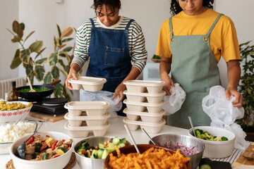 Women cooks preparing take away meals