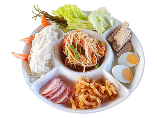 Papaya salad spicy thai food on plate served with rice noodles, vegetable, egg, crispy pork, and spices ingredients isolate on white background with clipping path.