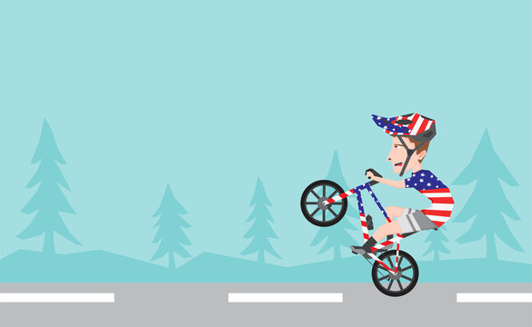 An illustration of a boy with American attribute riding bike and do some wheelie trick
