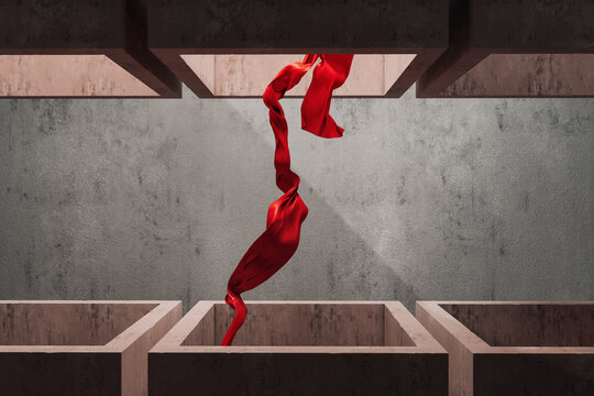 Red fabric flying in rustic space