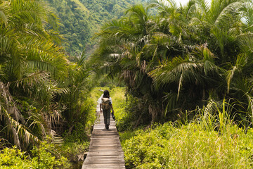Tourist woman on pathway walking on jungle