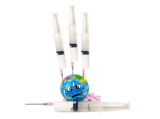 Medical syringe pills medicine or drug and world or globes emoticons character sad isolated on white background.Concept Sick world problems pollution and climate change