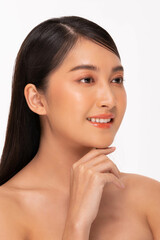 Beauty asian women  touching soft chin portrait face with natural skin and skin care healthy hair and skin close up face beauty portrait.Beauty Concept on white background.