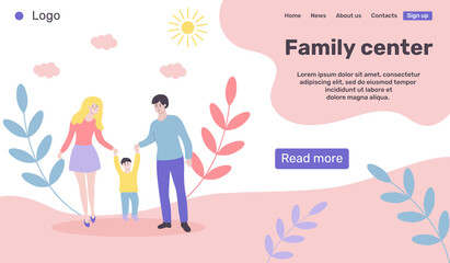 Web page design template for family center. Happy young family on a walk. Family day, leisure, sport time, active walks, healthy lifestyle, outdoor activity, happiness and love concept.