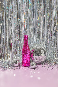 Decorated champagne battle with disco balls