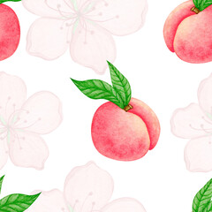 Peach fruit hand drawn watercolor cute seamless pattern. Summer food background. Texture for wrapping paper, textile, scrapbooking. Isolated clipart element on white background.