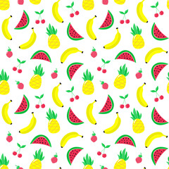 Exotic fruit seamless pattern with banana, pineapple, watermelon, cherry and strawberry. Bright summer fruits illustration.