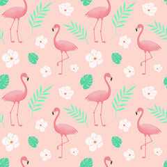 Seamless pattern with flamingos, tropical flowers, monsteras leaves and twigs. Cartoon vector illustration for prints, clothing, packaging and postcards.