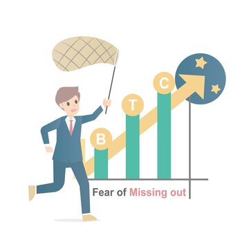 Fear of missing out (FOMO) ,cryptocurrency up rally to moon,Purchasing to follow the trend,greed behavior risk and sensitive towards prices,investors chasing buy,Vector illustration.