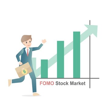 Fear of missing out (FOMO) ,stock market up growth rally,investor feeling or anxiety to follow trend or people who share high profit,greed behavior towards prices,Vector illustration.