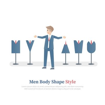 How to Dress For Your Body type Shape for Men,guide clothing measurement,Male body figures,(Triangle,Inverted,Triangle,Rectangle,Oval,Trapezoid),Vector illustration.