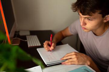 Close up of teen boy doing homeworkk