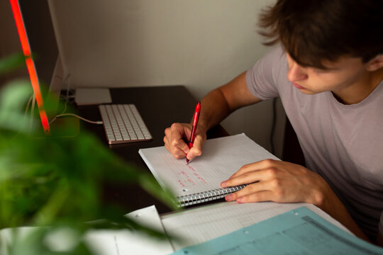 Teen Boy Writing In Notebook