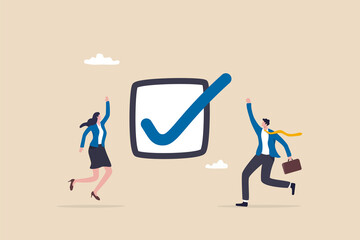 Complete task, accomplishment or project done checklist, success or achievement checkbox, job done concept, happy business people celebrate completed checkmark  after finish responsible project.