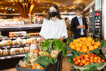 Portrait of a young girl in a protective mask with a full grocery cart, who came to the supermarket for shopping ..during the pandemic