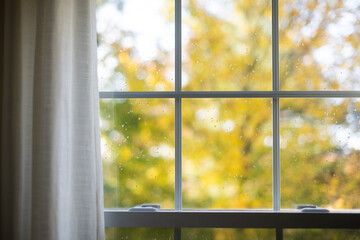 Window with beautiful foliage blurred outside
