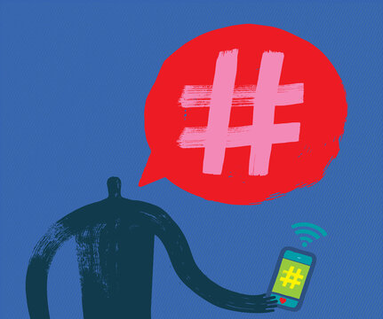 Man with smartphone talking about hashtagging