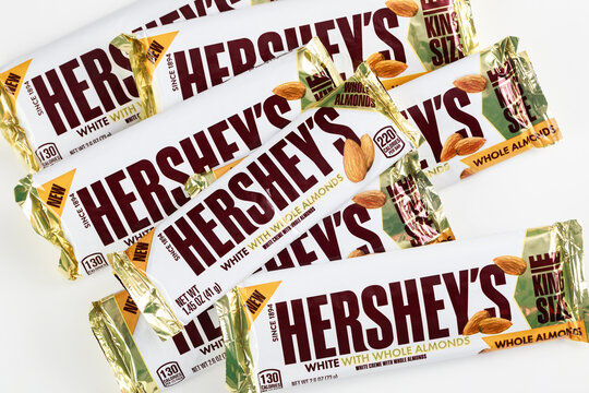 May 4, 2021. New York, US. King size hersheys chocolate bars on isolated white background.