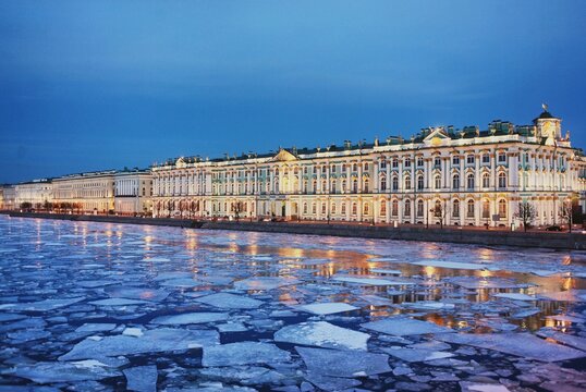 Saint Petersburg's Hermitage and a frozen river. 
