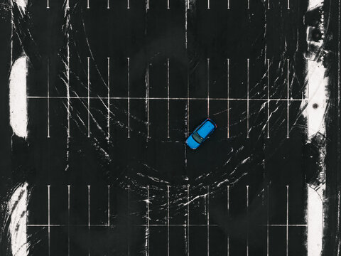  blue sedan car at the parking, drone overhead view