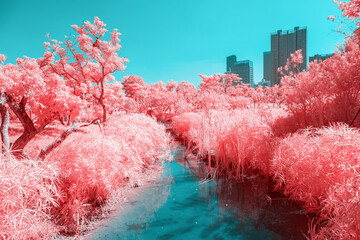 Infrared photography of park brook with grove