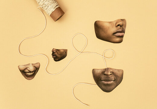 Anonymous people connected by a string