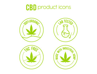 CBD products icon set 100% organic lab-tested THC free made with industrial hemp logos