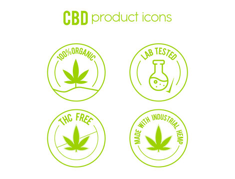 CBD Products Icon Set 100% Organic Lab-tested THC Free Made With Industrial Hemp Logos