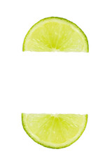Fototapeta na wymiar Two parallel lime slices on a white background with copy space.