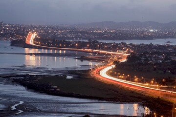Motorway with heavy traffic at dusk