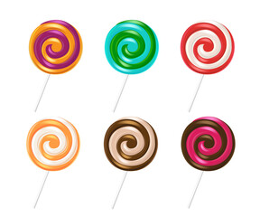 Fototapeta Lollipop candy vector set design. Lollipops stick kids dessert collection isolated in white background with colorful flavor candies for birthday and occasion food. Vector illustration.
 obraz