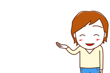 （上半身正面）コピースペースあり　笑顔で右側を案内する白人男性