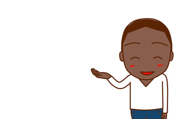 （上半身正面）コピースペースあり　笑顔で右側を案内するアフリカ系男性