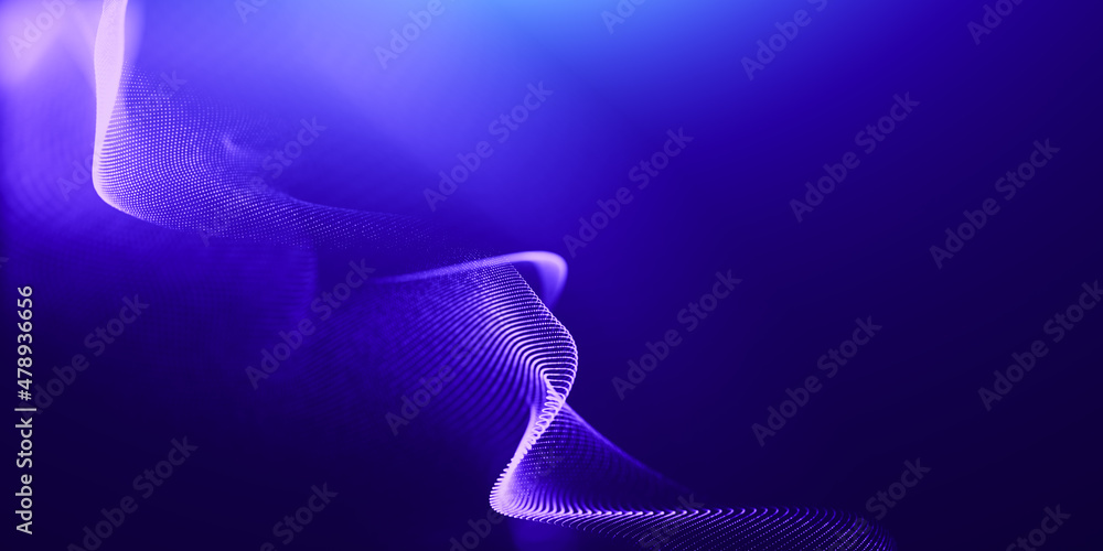 Poster abstract colorful digital particles wave with bokeh and light background, 3d render wave line dot ba