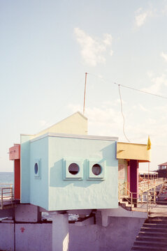 Pastel color guardhouse in communist style architecture