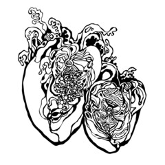 Hand drawn vector black contour illustration with white elements in abstract and fantasy style. Stylized couple hearts. Tattoo sketch. 