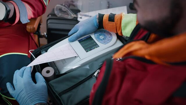 From above anonymous doctor in gloves using portable electrocardiogram monitor while sitting near colleague in emergency medicine vehicle