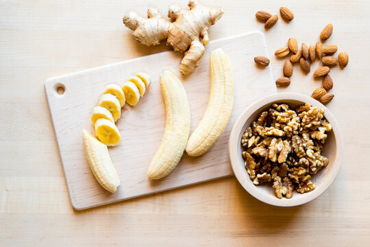 Fresh fruit, banana, ginger root and nuts