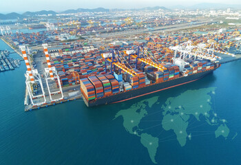 Aerial top view containers ship cargo business commercial logistic and transportation international...