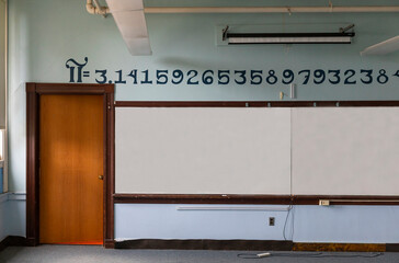 School Classroom  with whiteboard  with pi formula
