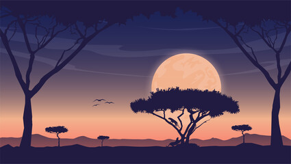Obraz premium Hand Drawn Flat Sunset Wildlife Landscape with tigers Climbing Tree