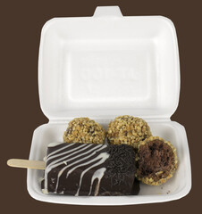 Chocolate Bakery ice cream on foam food container clipping path on transparent background.